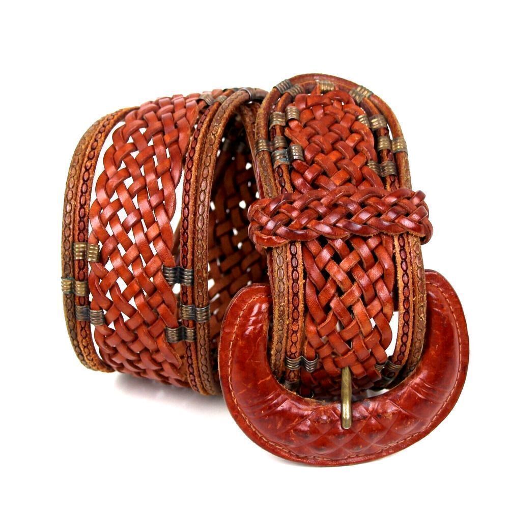 BRAIDED WOVEN TAN BROWN GENUINE LEATHER 2.25"Wd WIDE WOMEN'S BELT Sz S (B6